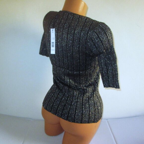 T Tahari Black Gold Shimmer Lurex Ribbed Knit Sweater Top SMALL Metallic nwt - Picture 5 of 6